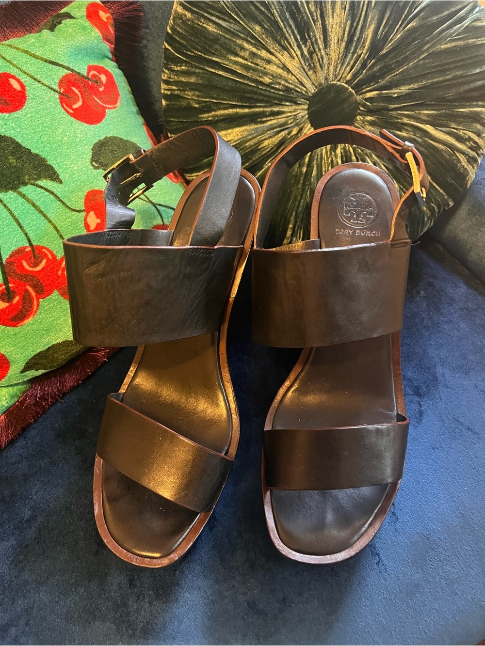 Tory Burch Black Leather Platform Wedge Sandals Size 10M